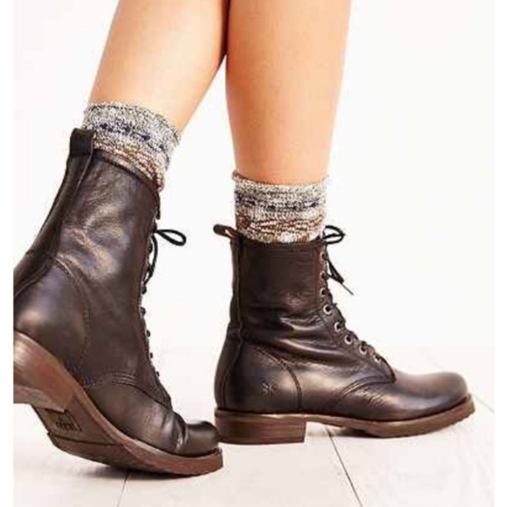 Frye Veronica Combat Black Leather Lace Up Boots size 7